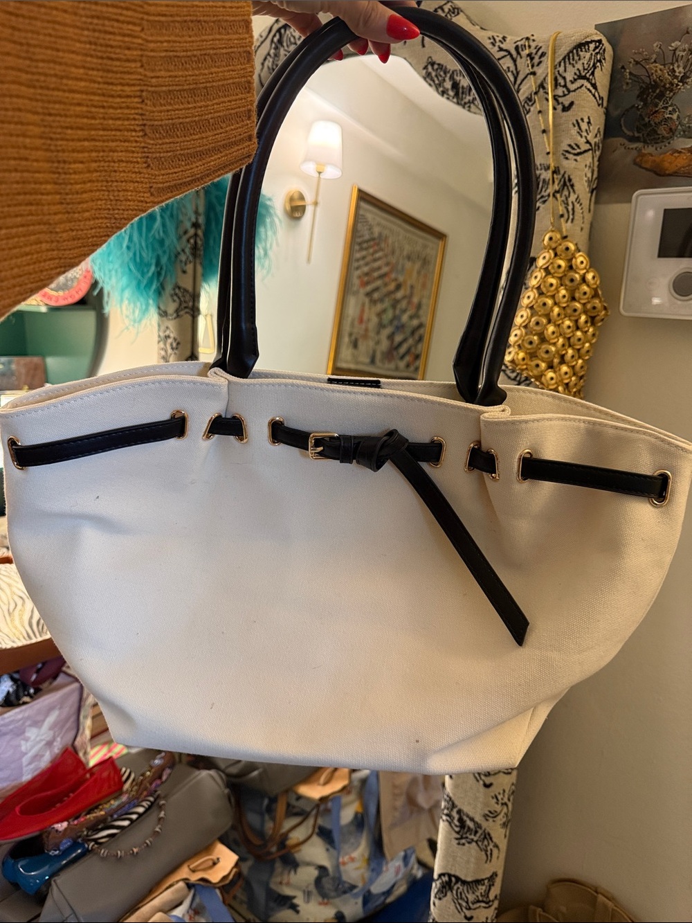 Classic Two-Tone Tote Bag - White with Black Trim